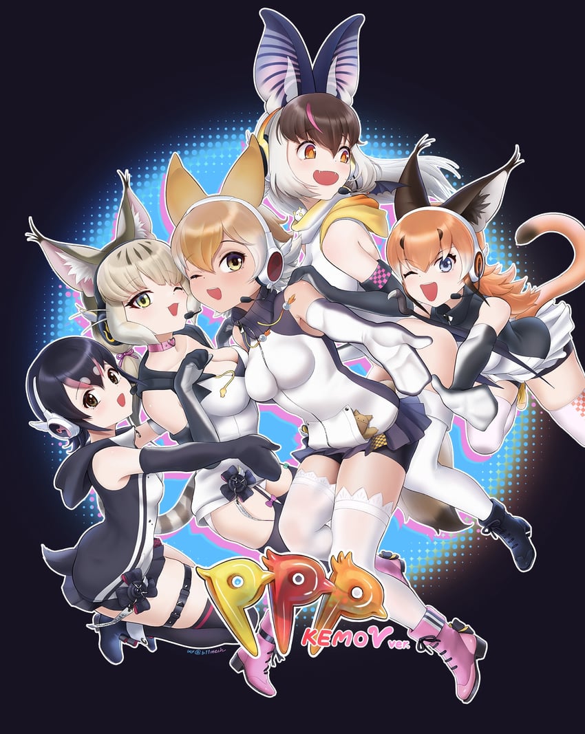 humboldt penguin, caracal, brown long-eared bat, coyote, jungle cat, and 1 more (kemono friends and 1 more) drawn by beleven