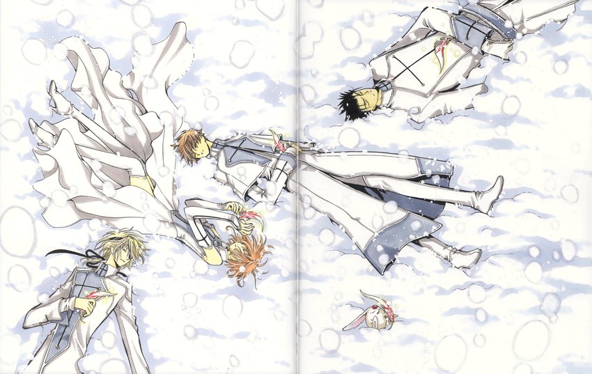 mokona, sakura hime, xiaolang, fai d. flowright, and kurogane (tsubasa chronicle) drawn by clamp_(circle)
