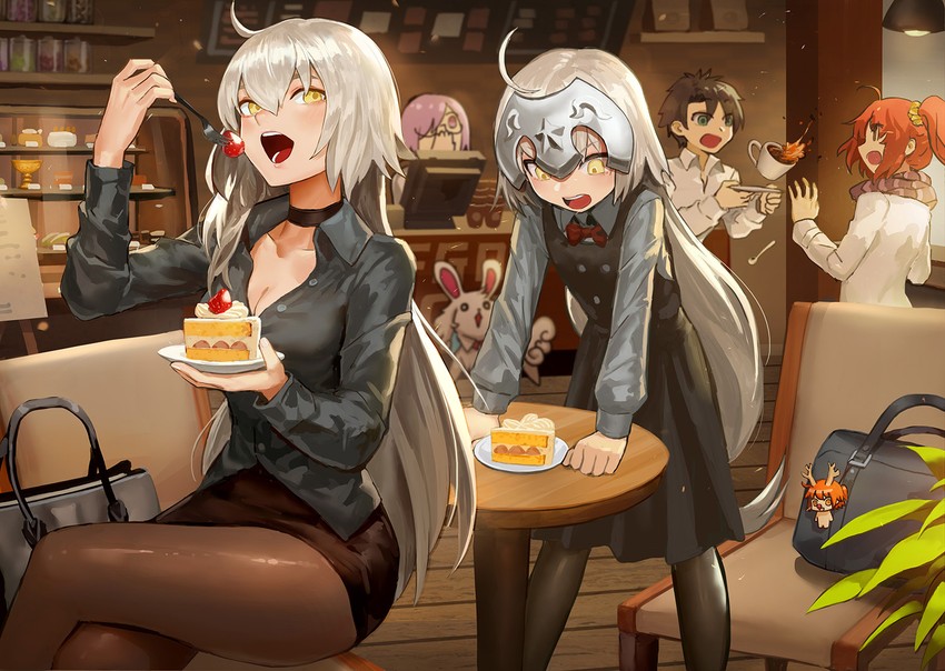 mash kyrielight, fujimaru ritsuka, jeanne d'arc alter, fou, and jeanne d'arc alter santa lily (fate and 1 more) drawn by canking
