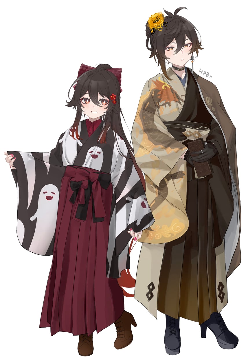 hu tao, zhongli, and boo tao (genshin impact) drawn by nipio