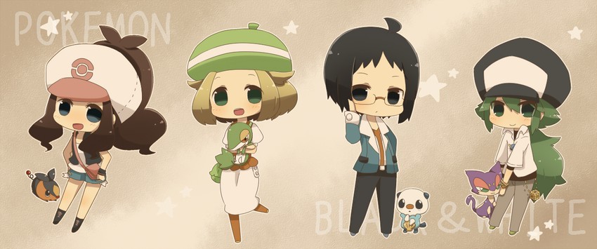 hilda, n, oshawott, snivy, bianca, and 3 more (pokemon and 1 more) drawn by kofa_(ikyurima)