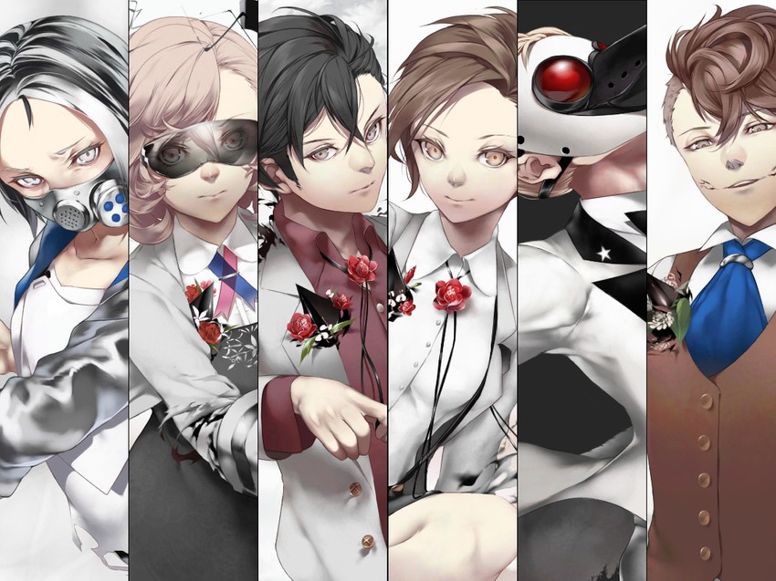 male protagonist, female protagonist, amamoto ayana, biwasaka eiji, kuchinashi, and 1 more (caligula) drawn by haruno14