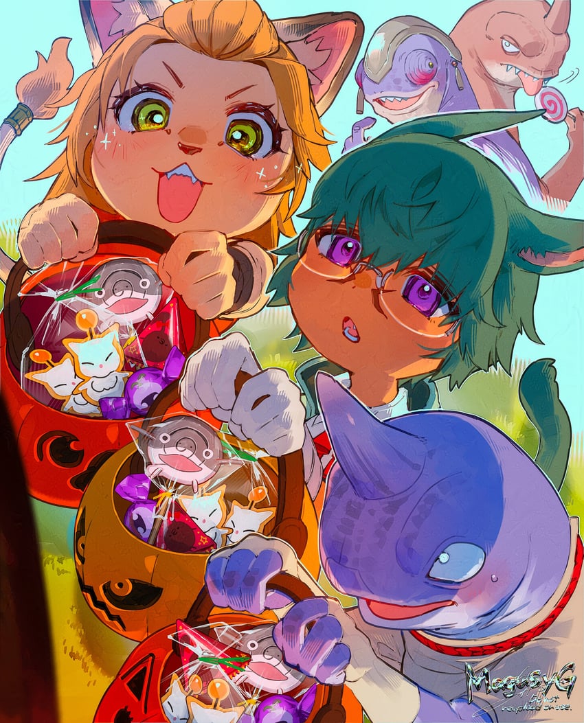moogle, wuk lamat, mandragora, namazu, koana, and 2 more (final fantasy and 1 more) drawn by magushi