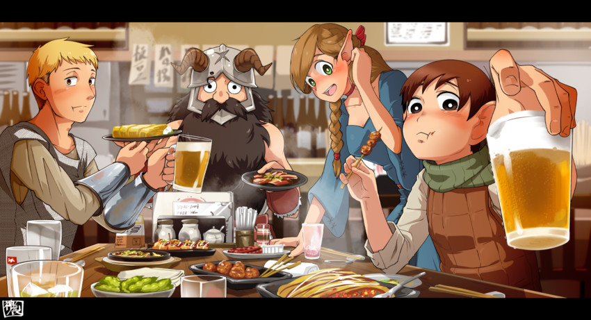 marcille donato, laios touden, senshi, and chilchuck tims (dungeon meshi) drawn by kaminosaki