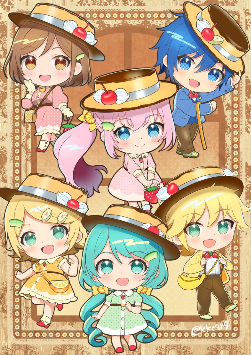 hatsune miku, kagamine rin, kagamine len, megurine luka, kaito, and 1 more (vocaloid) drawn by kikuchi_mataha