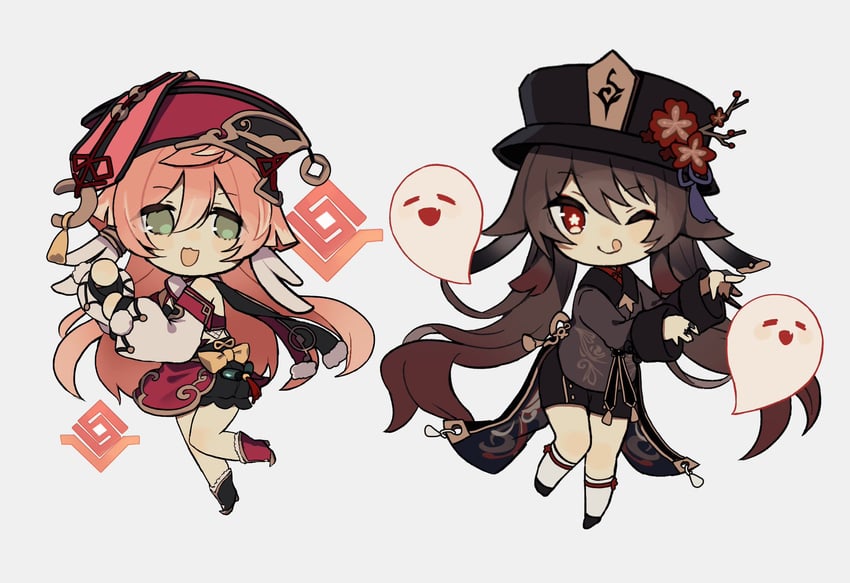 hu tao, boo tao, and yanfei (genshin impact) drawn by merry-san