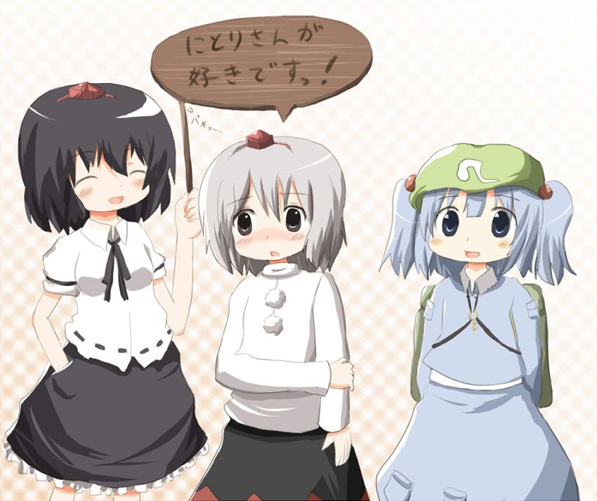 shameimaru aya, inubashiri momiji, and kawashiro nitori (touhou) drawn by nonbiri