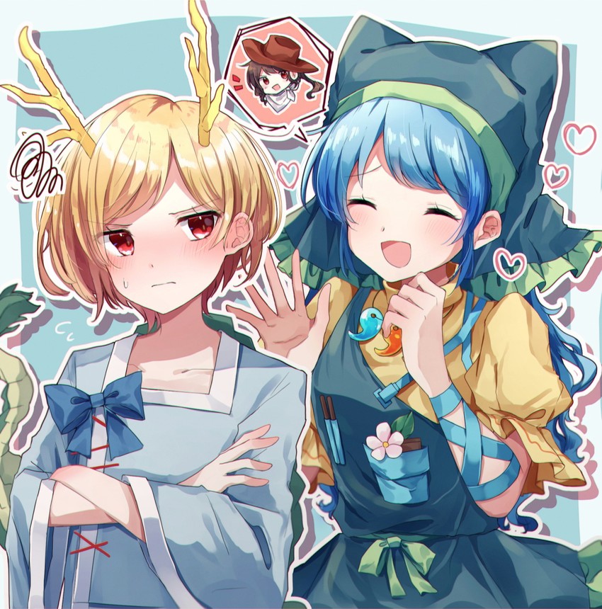 kicchou yachie, kurokoma saki, and haniyasushin keiki (touhou) drawn by moshihimechan