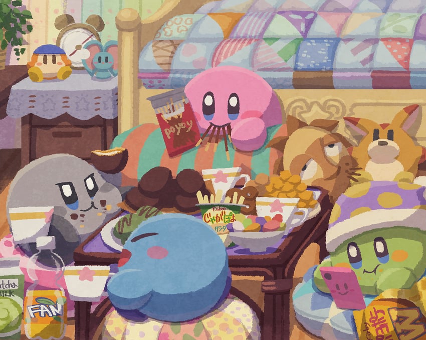 kirby, bandana waddle dee, elfilin, and shadow kirby (kirby) drawn by miclot