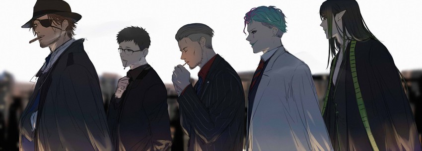 yashiro kizuku, hanabatake chaika, belmond banderas, joe rikiichi, and maimoto keisuke (nijisanji) drawn by isshiki_(ffmania7)