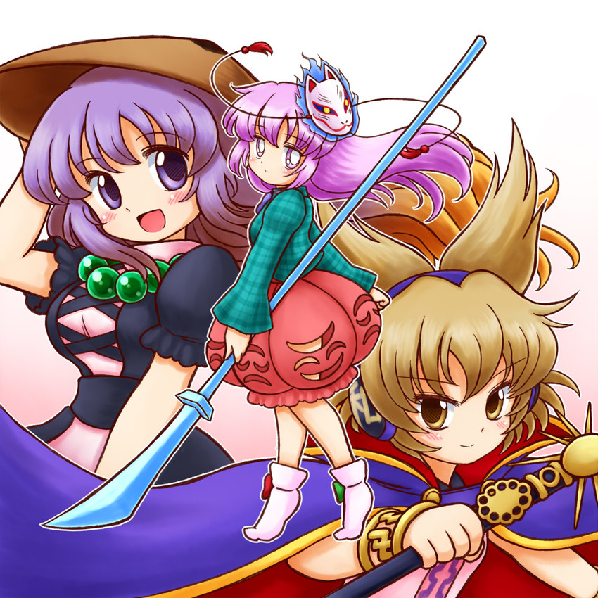 hijiri byakuren, toyosatomimi no miko, and hata no kokoro (touhou) drawn by nitamago