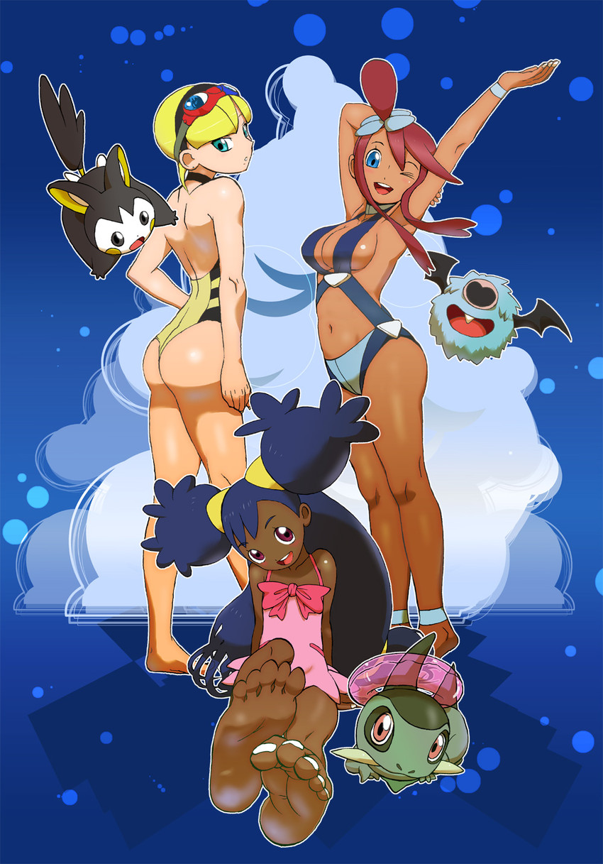 skyla, elesa, iris, emolga, axew, and 1 more (pokemon and 1 more) drawn by itsuzuki_kanau