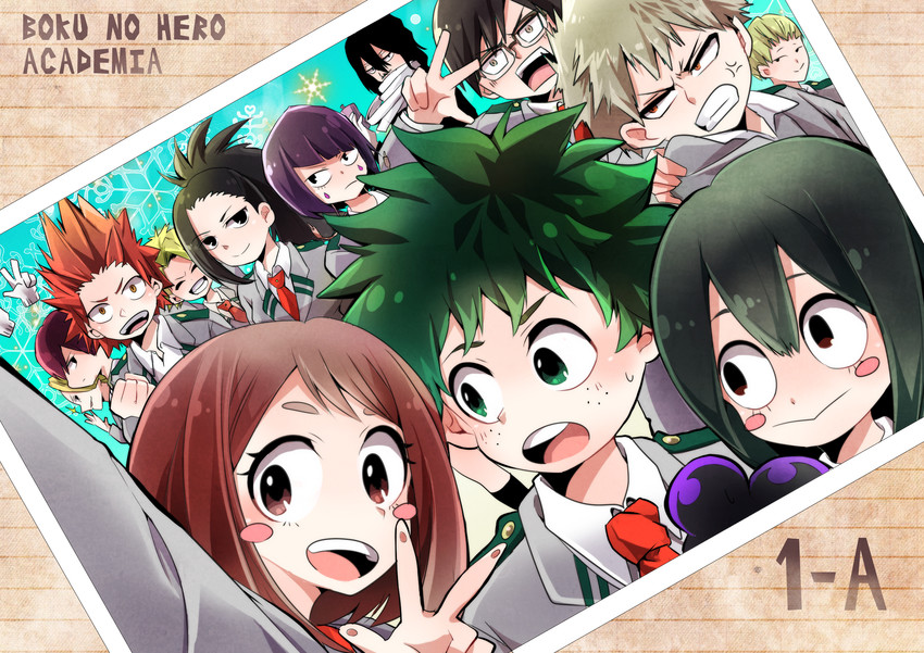 midoriya izuku, uraraka ochaco, bakugou katsuki, todoroki shoto, asui tsuyu, and 10 more (boku no hero academia) drawn by umi_(pixiv6861961)