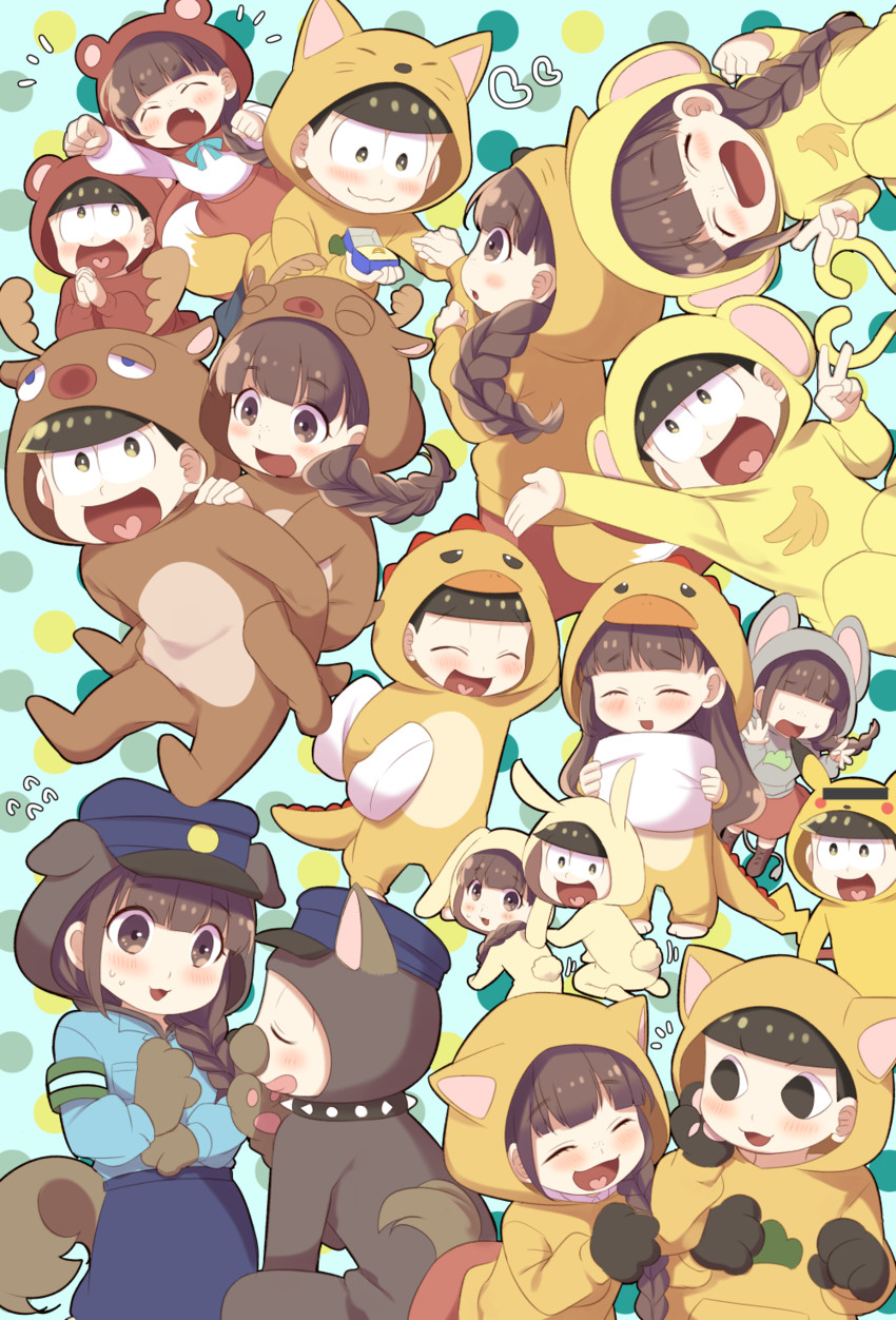 pikachu, matsuno jyushimatsu, and jyushimatsu's girlfriend (pokemon and 3 more) drawn by shibanashi_miso