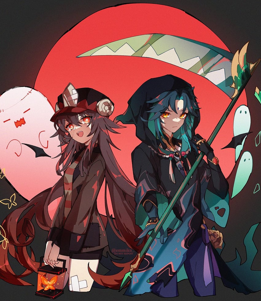 hu tao, xiao, and boo tao (genshin impact) drawn by emmikn