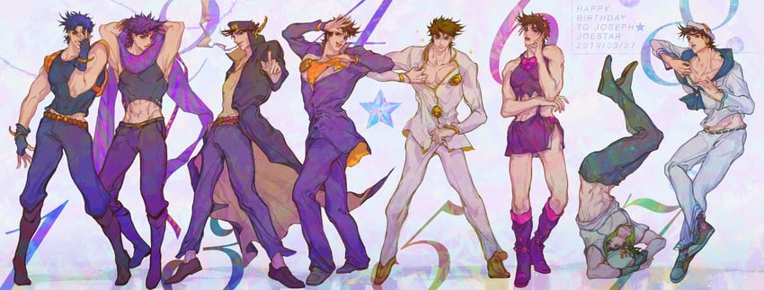 joseph joestar, kujo jotaro, kujo jolyne, giorno giovanna, jonathan joestar, and 2 more (jojo no kimyou na bouken and 8 more) drawn by mitus