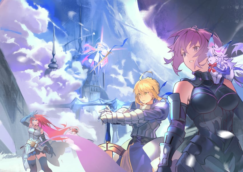 artoria pendragon, saber, mash kyrielight, arcueid brunestud, fou, and 5 more (fate and 1 more) drawn by hiro_(hirohiro_gorira)