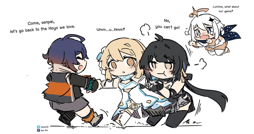 lumine, paimon, belle, rover, and female rover (genshin impact and 3 more) drawn by sesield