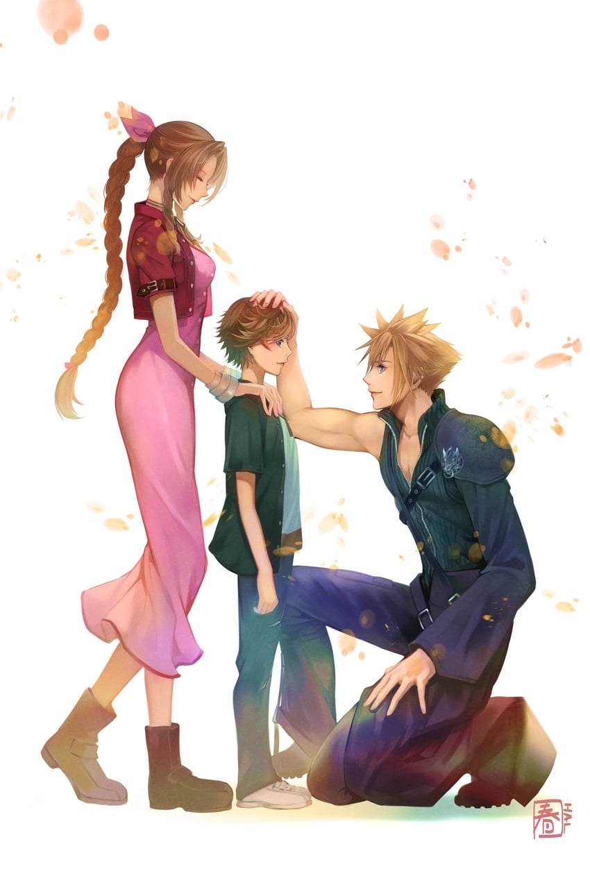 cloud strife, aerith gainsborough, and denzel (final fantasy and 2 more) drawn by halu-ca