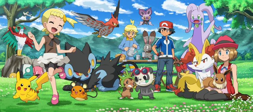 pikachu, ash ketchum, eevee, serena, braixen, and 12 more (pokemon and 1 more) drawn by pokemoa