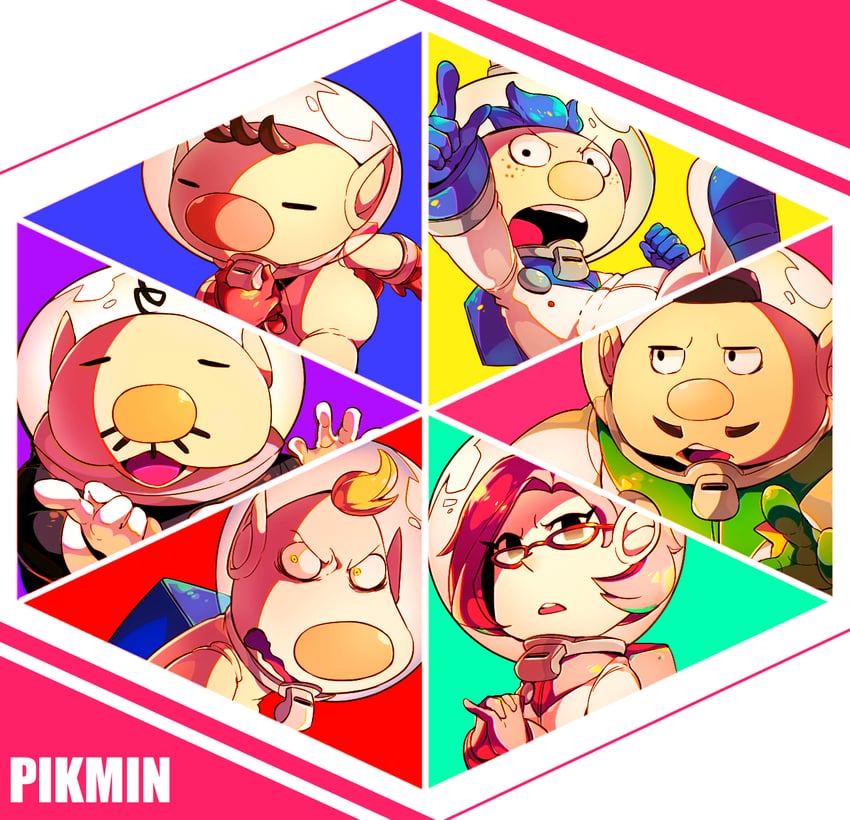 olimar, louie, alph, brittany, charlie, and 1 more (pikmin) drawn by shirushiki