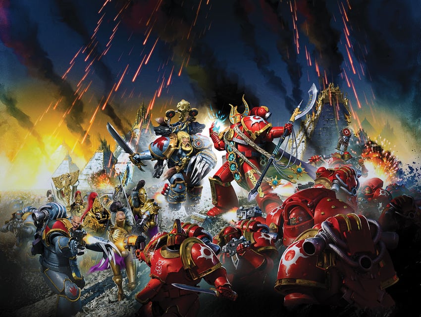 adeptus astartes, adeptus custodes, and ahzek ahriman (warhammer 40k) drawn by artofneilroberts