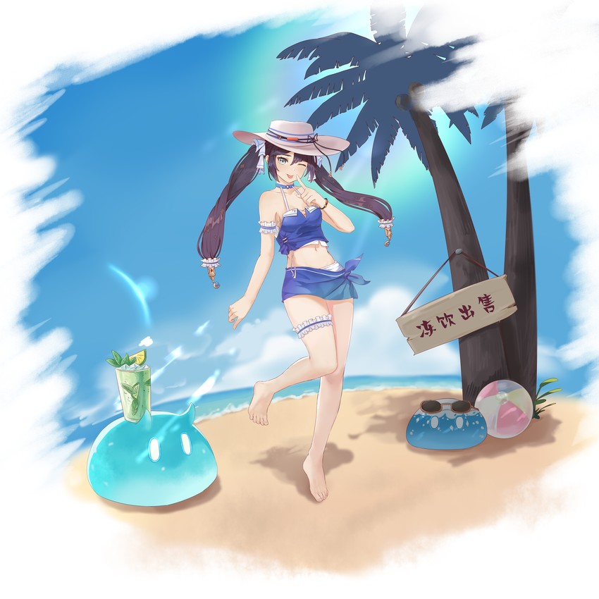 mona, slime, hydro slime, and cryo slime (genshin impact) drawn by xiachujin