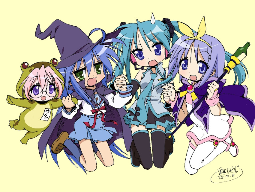 hatsune miku, nagato yuki, hiiragi kagami, izumi konata, hiiragi tsukasa, and 1 more (vocaloid and 2 more) drawn by satoda_shouji