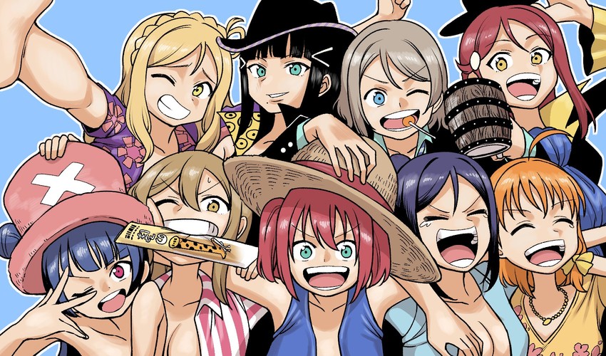 nami, watanabe you, monkey d. luffy, nico robin, roronoa zoro, and 13 more (love live! and 2 more) drawn by koaraya