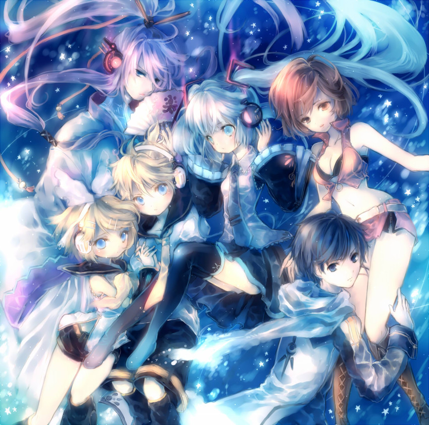 hatsune miku, kagamine rin, kagamine len, kaito, meiko, and 1 more (vocaloid) drawn by onineko