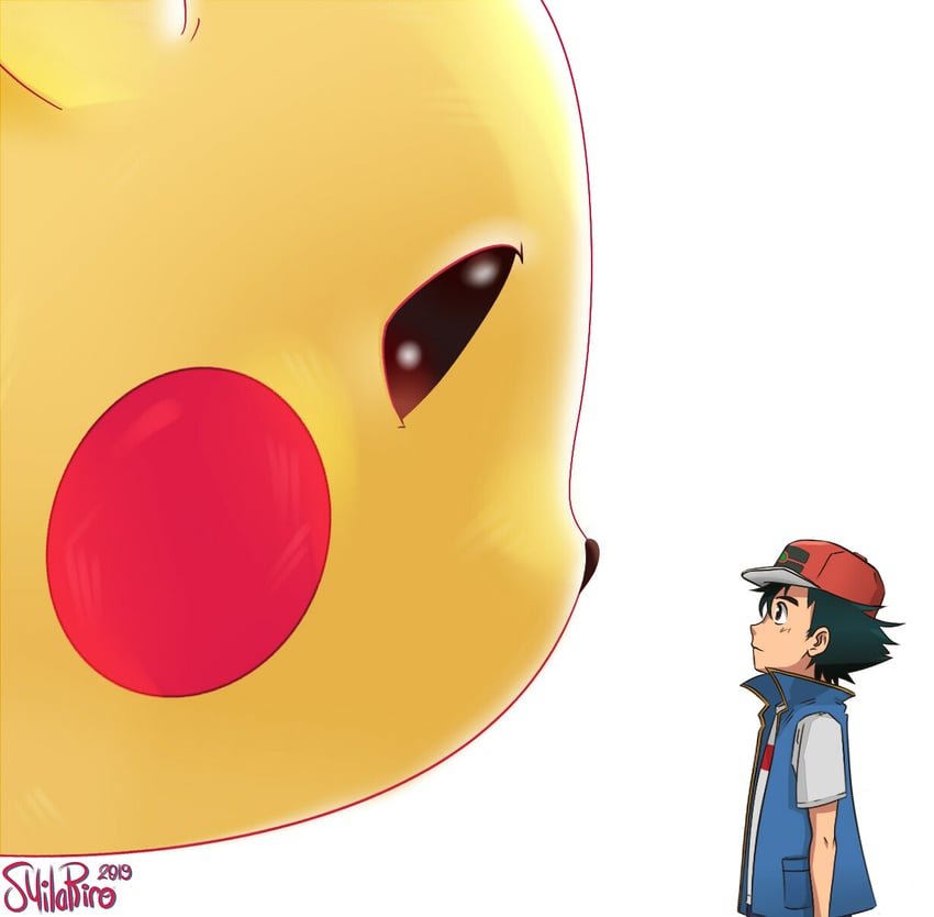 pikachu, ash ketchum, and gigantamax pikachu (pokemon and 1 more) drawn by milariro