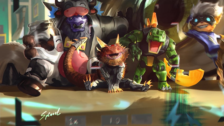 renekton, kog'maw, kennen, alistar, skaarl, and 4 more (league of legends) drawn by wutu_(1183238220)