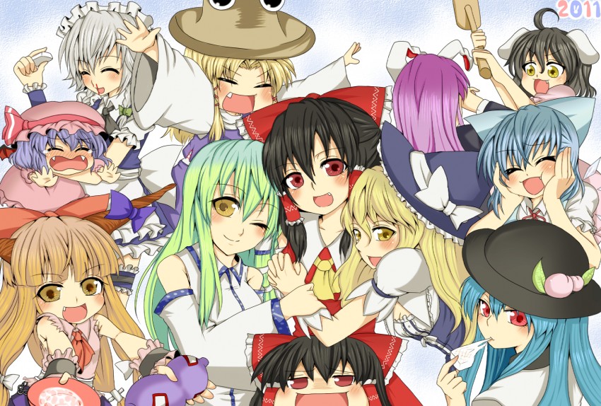 hakurei reimu, kirisame marisa, remilia scarlet, izayoi sakuya, kochiya sanae, and 6 more (touhou) drawn by kurobane