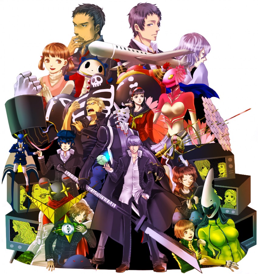 narukami yu, shirogane naoto, satonaka chie, kujikawa rise, amagi yukiko, and 22 more (persona and 1 more) drawn by chiru_(sanifani)