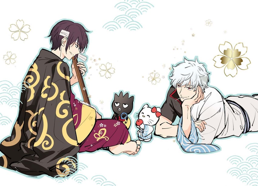 sakata gintoki, hello kitty, takasugi shinsuke, and badtz-maru (sanrio and 2 more) drawn by gtkamenozoki
