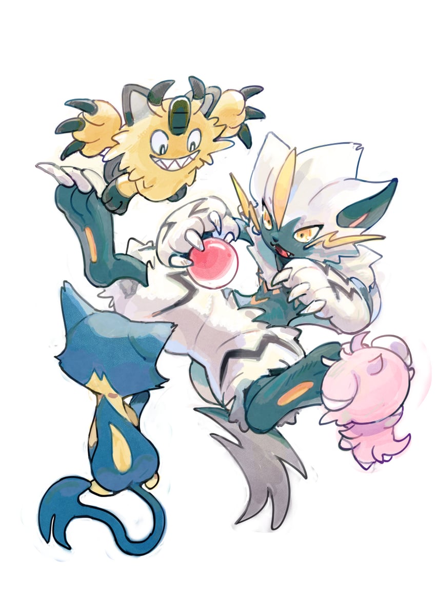 espurr, purrloin, zeraora, and galarian meowth (pokemon) drawn by puripoochin