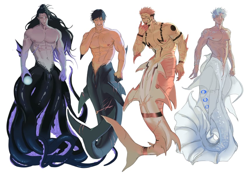 gojou satoru, getou suguru, ryoumen sukuna, and fushiguro touji (jujutsu kaisen) drawn by iba_(kcokaine)