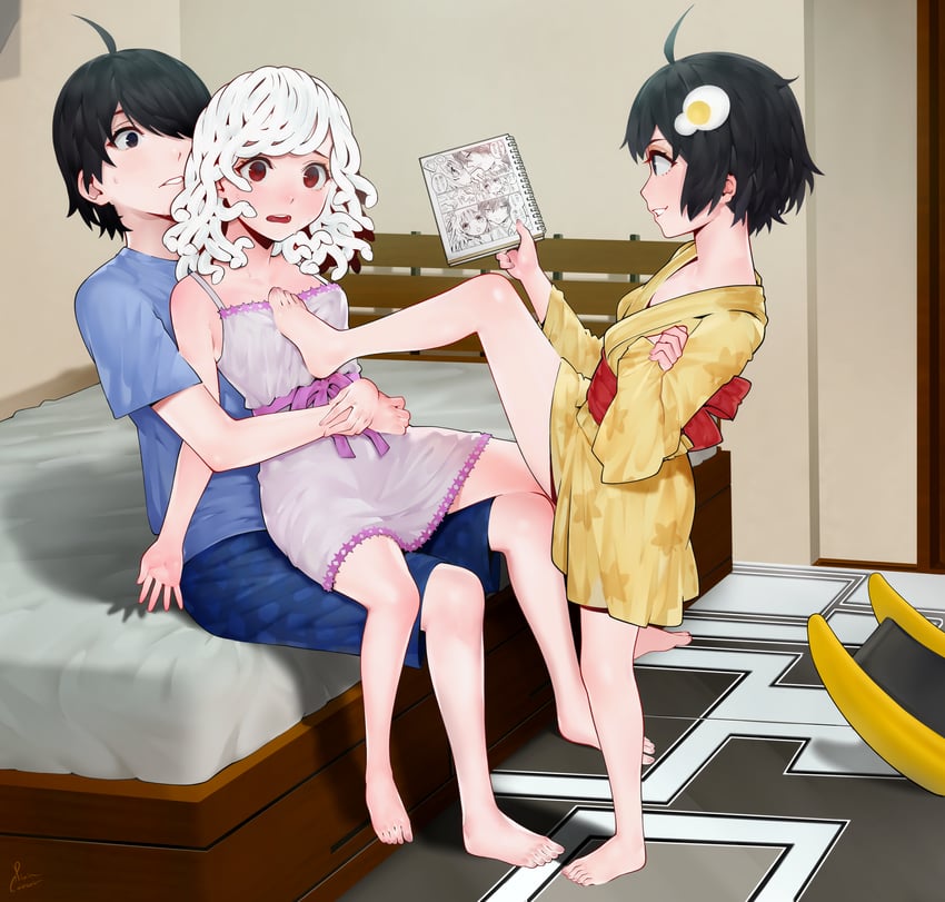 sengoku nadeko, araragi koyomi, and araragi tsukihi (monogatari and 1 more) drawn by piancaesar