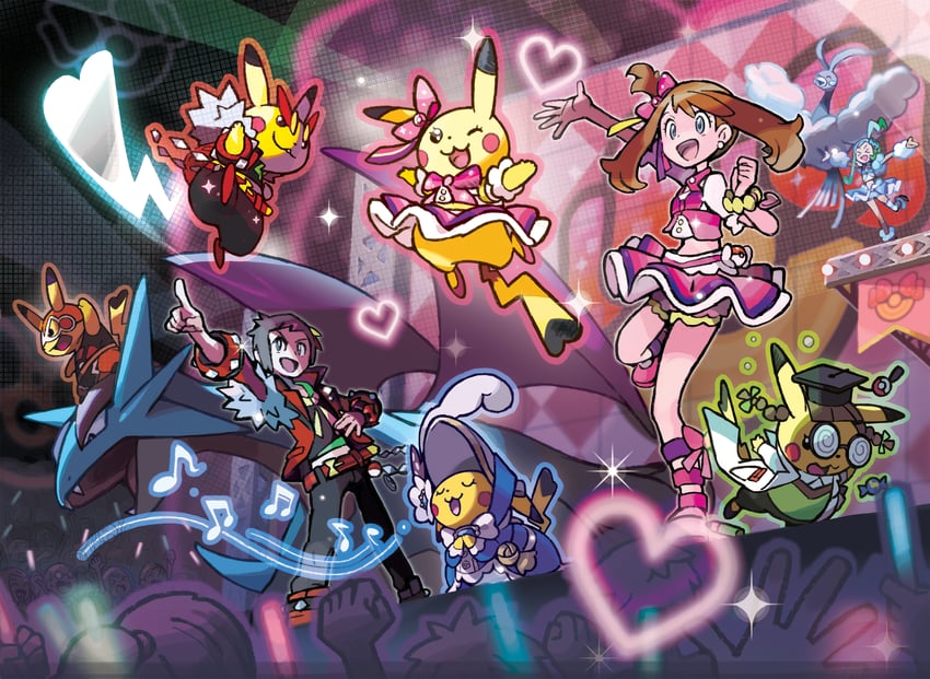 pikachu, may, brendan, altaria, lisia, and 7 more (pokemon and 1 more) drawn by oomura_yuusuke
