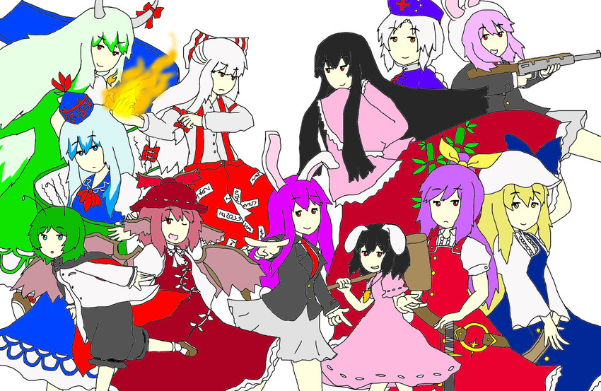 reisen udongein inaba, fujiwara no mokou, kamishirasawa keine, houraisan kaguya, mystia lorelei, and 7 more (touhou and 1 more) drawn by andani
