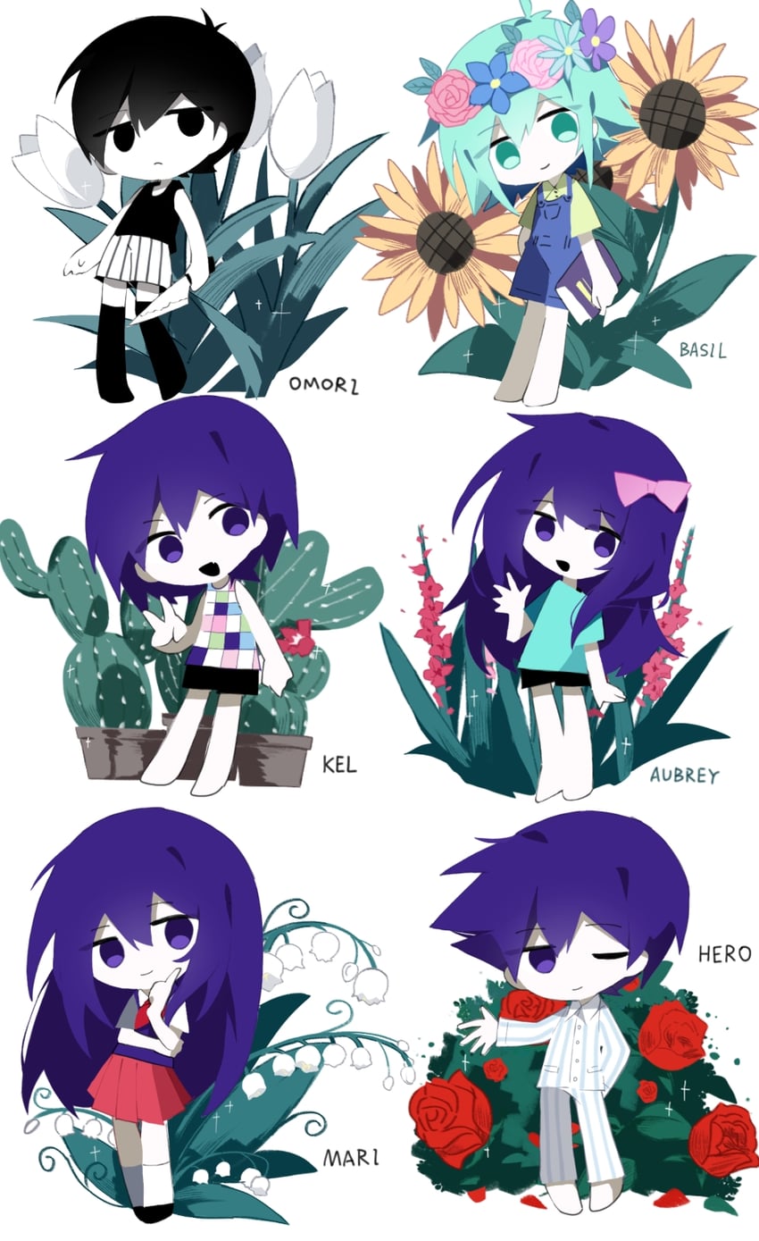 omori, basil, aubrey, mari, kel, and 1 more (omori) drawn by lemonail