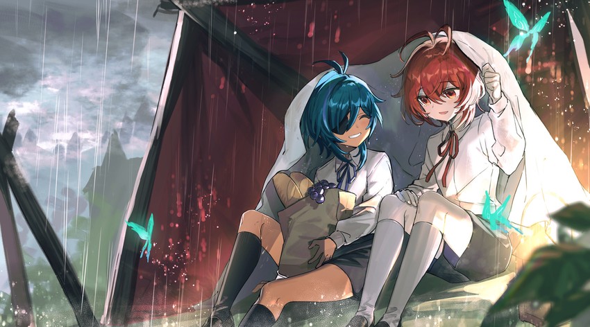 diluc, kaeya, and crystalfly (genshin impact) drawn by hayama_eishi