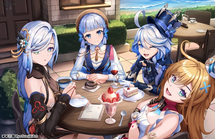 furina, kamisato ayaka, shenhe, and escoffier (genshin impact) drawn by ryo-suzuki