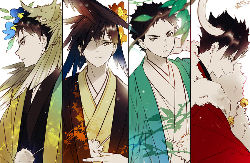 kuroo tetsurou, akaashi keiji, kageyama tobio, and iwaizumi hajime (haikyuu!!) drawn by yasai_(getsu)