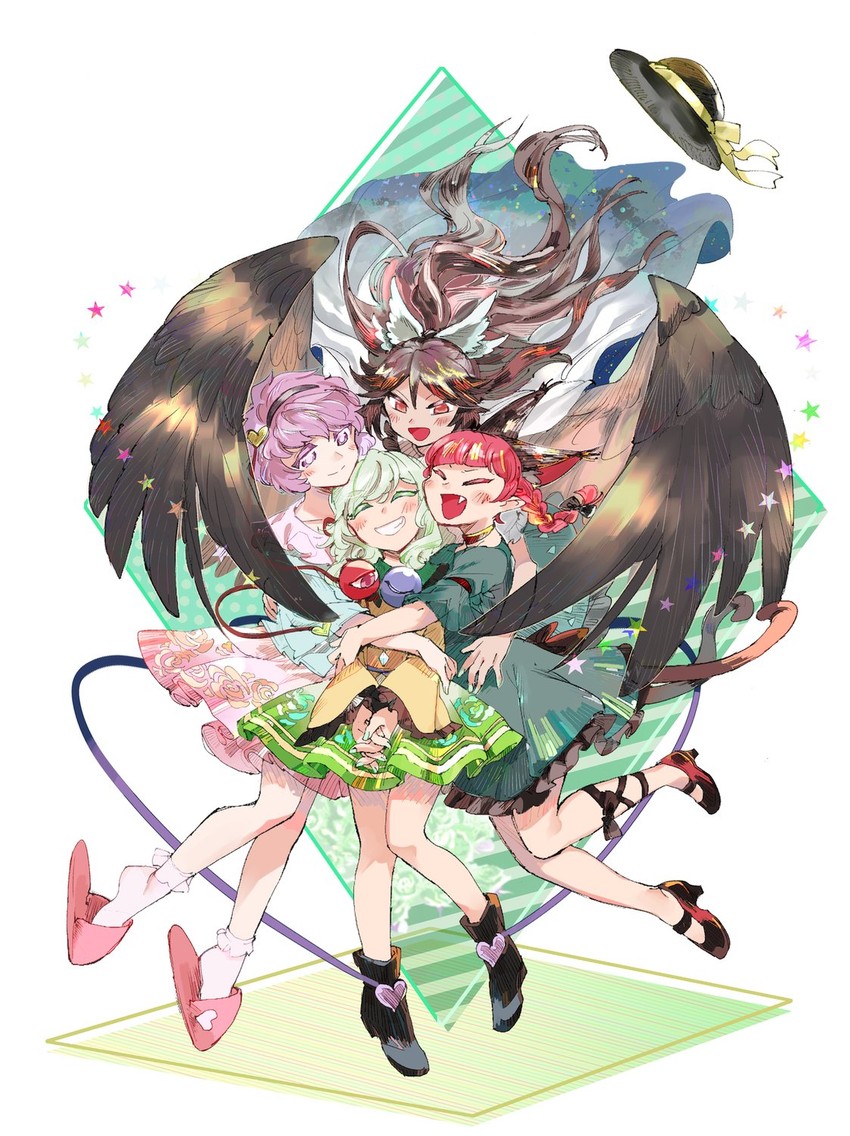 komeiji koishi, komeiji satori, kaenbyou rin, and reiuji utsuho (touhou) drawn by chamaruk