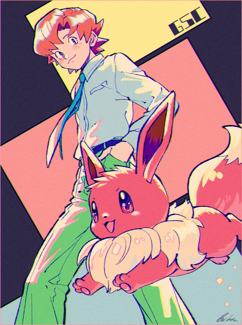 eevee and bill (pokemon and 1 more) drawn by kwsby_124