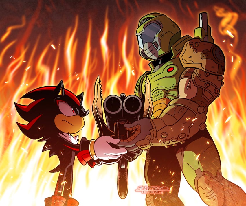 shadow the hedgehog and doomguy (sonic and 3 more) drawn by brandon_santiago