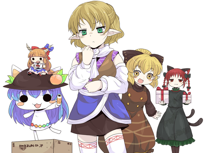 kaenbyou rin, hinanawi tenshi, ibuki suika, mizuhashi parsee, and kurodani yamame (touhou) drawn by toto_(hitori_othello)