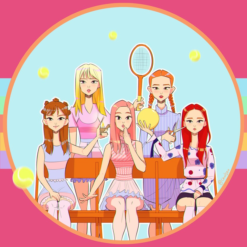 seulgi, irene, joy, wendy, and yeri (real life and 1 more) drawn by chalseu
