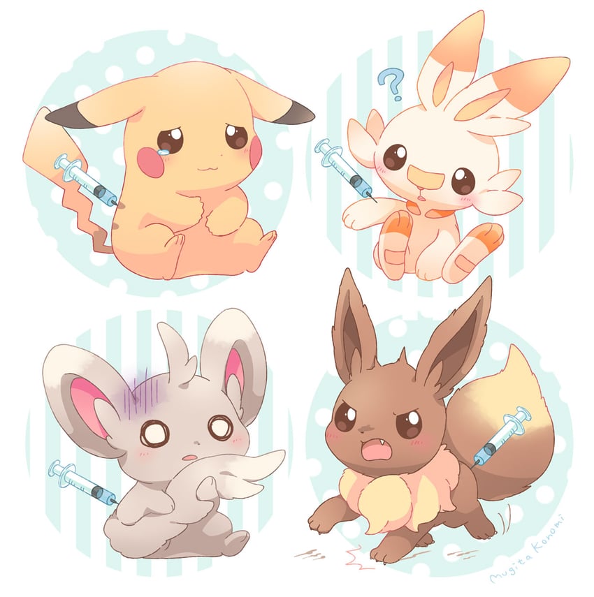 pikachu, eevee, scorbunny, pachirisu, and minccino (pokemon) drawn by mugita_konomi